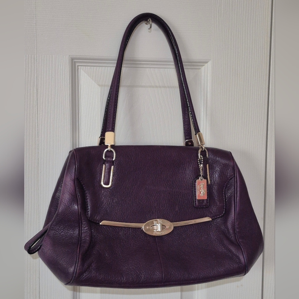 Coach Madison Small Leather Madeline East West Purse In Black Plum Purple